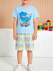 Boys' blue cotton tee with dinosaur graphic and plaid shorts set.
