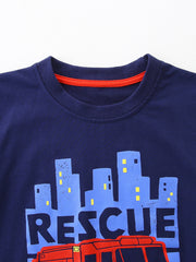 Navy cotton t-shirt with rescue graphic and red neckline trim.