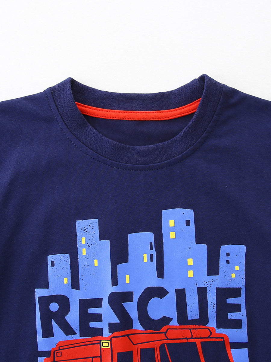 Navy cotton t-shirt with rescue graphic and red neckline trim.