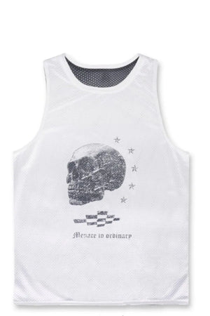 White perforated tank top with a distressed skull graphic and text.