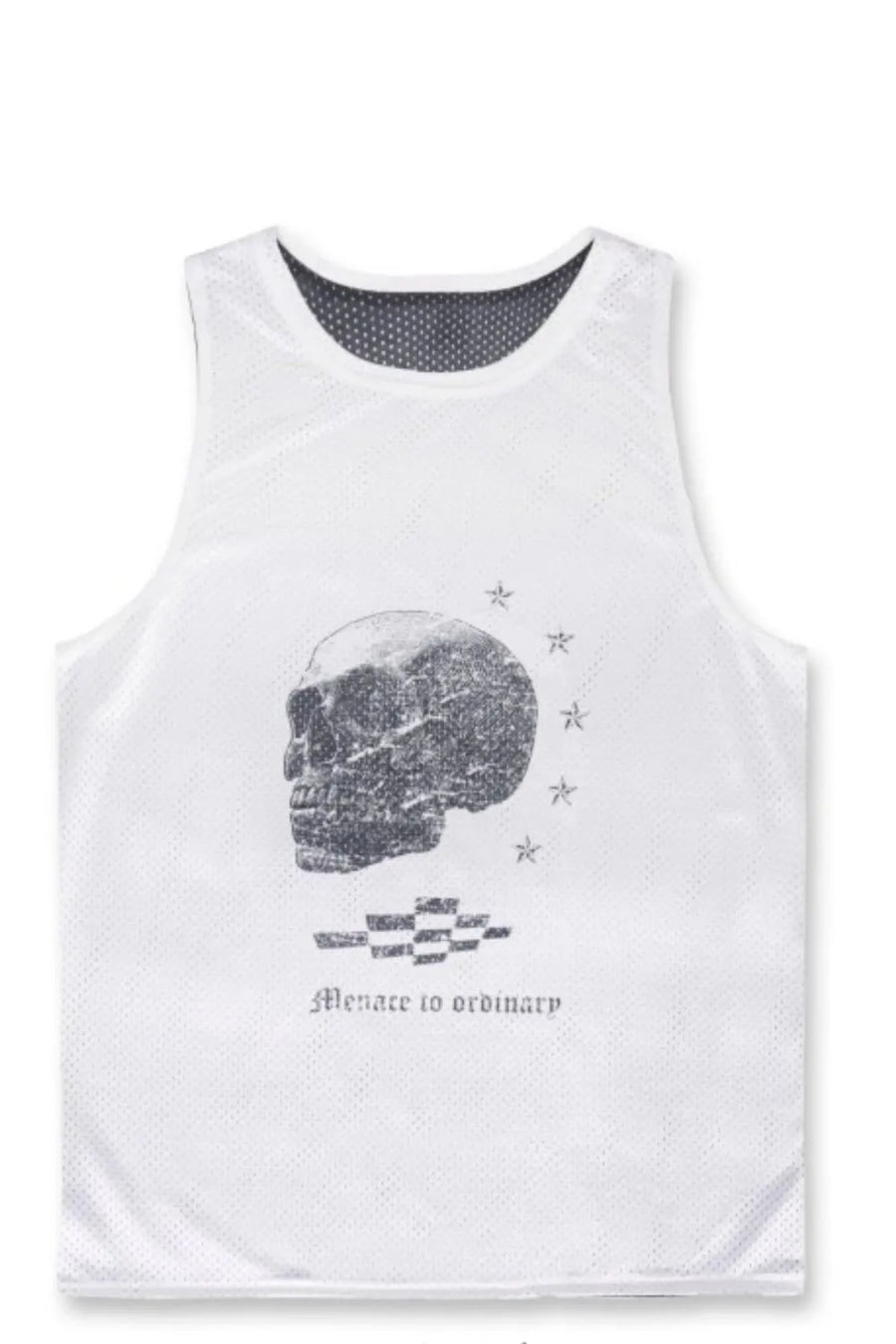 White perforated tank top with a distressed skull graphic and text.