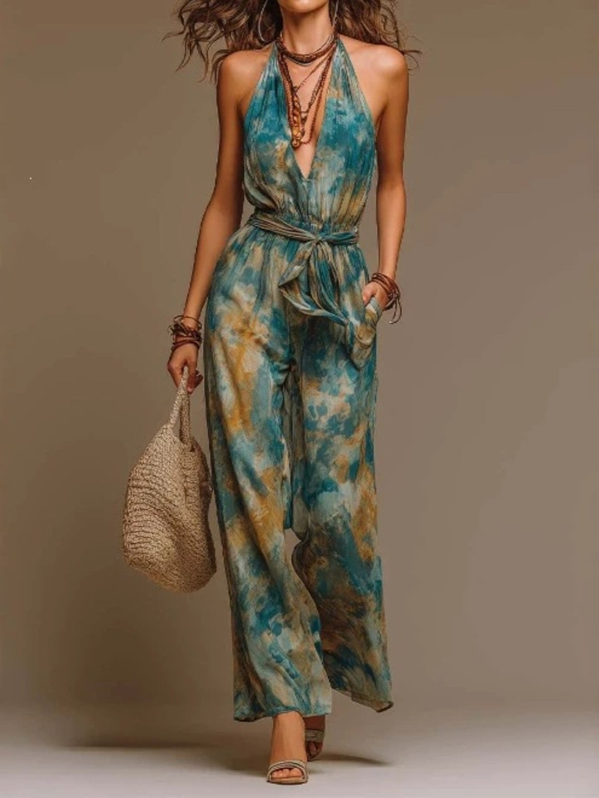 golden yellow jumpsuit featuring tied and tie-dye