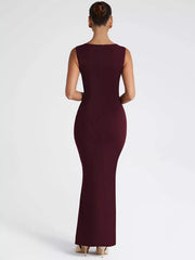 Wine red sleeveless bodycon maxi dress with square neckline.