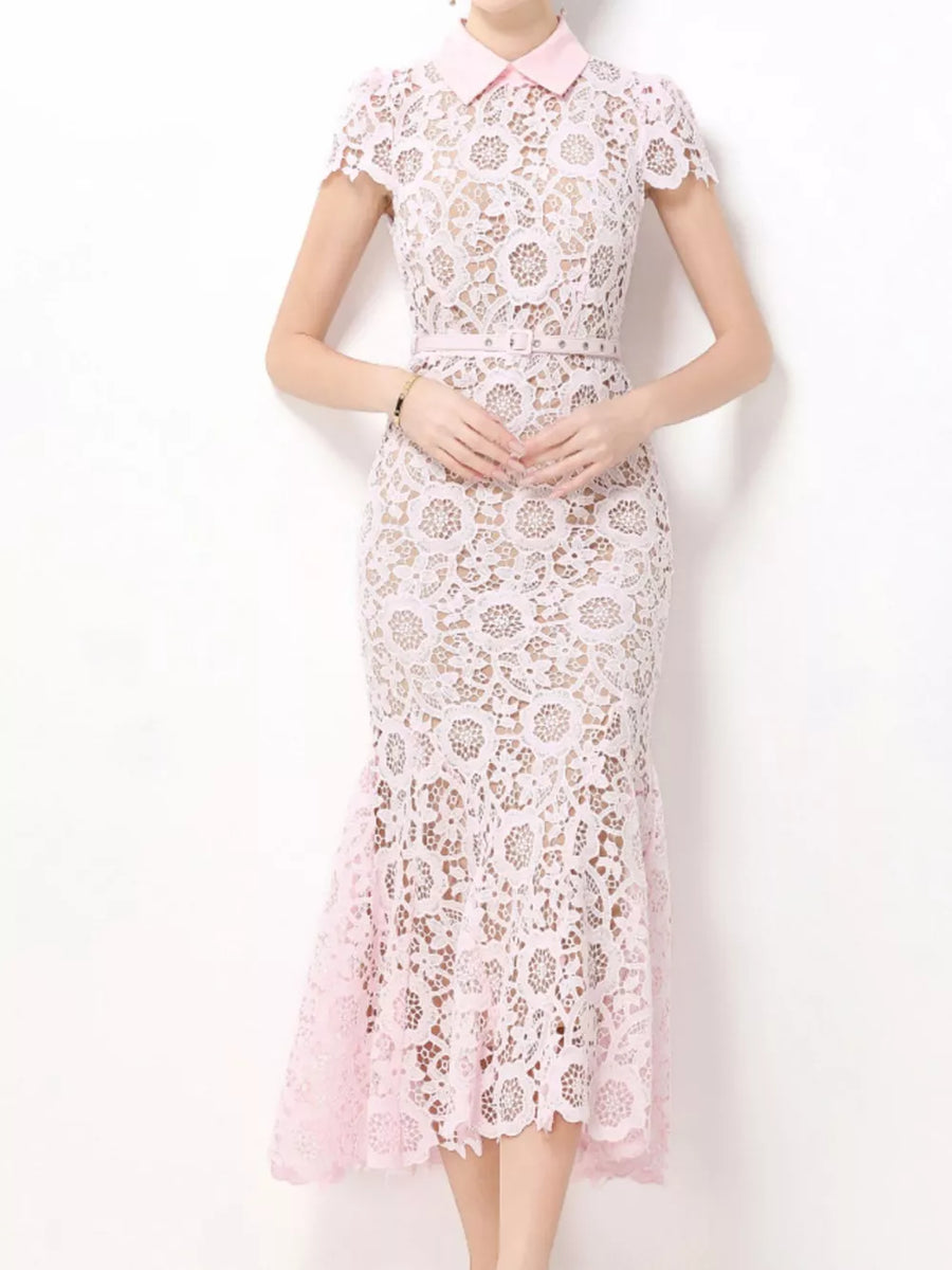 Pink floral lace midi dress with cap sleeves, collared neckline, and studded belt.