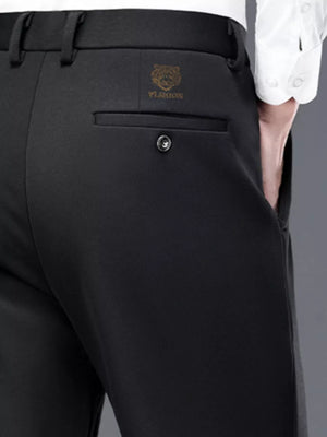 navy blue trousers with full-length and button and zip-front