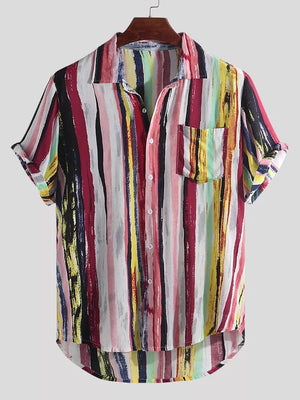 Burgundy Men's Full Size Striped Button Up Shirt