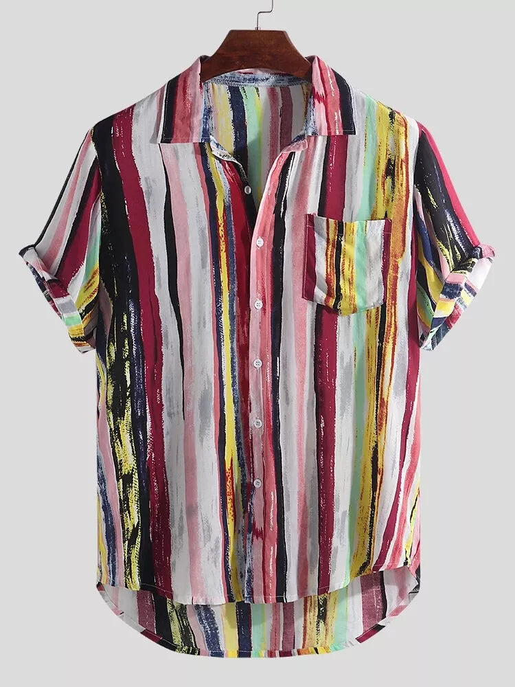 Burgundy Men's Full Size Striped Button Up Shirt