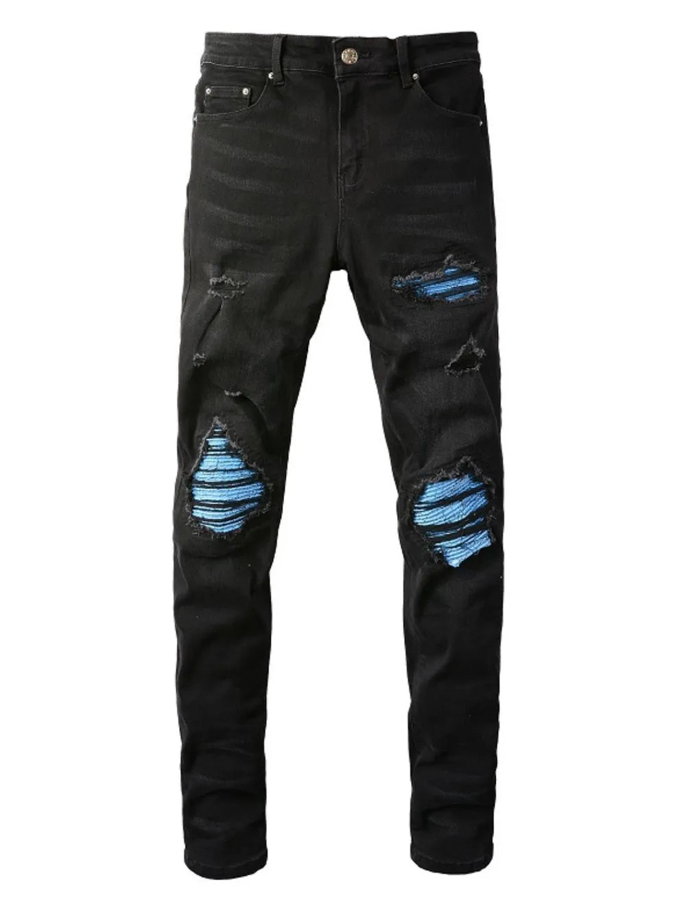 Black distressed denim jeans with blue striped underlay detail