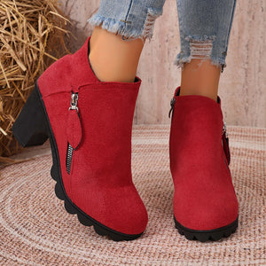Zip-Up Round Toe Block Heels Boots in Red with block heel