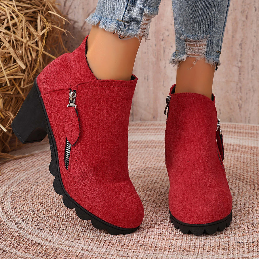 Zip-Up Round Toe Block Heels Boots in Red with block heel