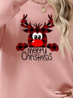 Plaid reindeer graphic crewneck sweatshirt in Blush Pink with Merry Christmas text.