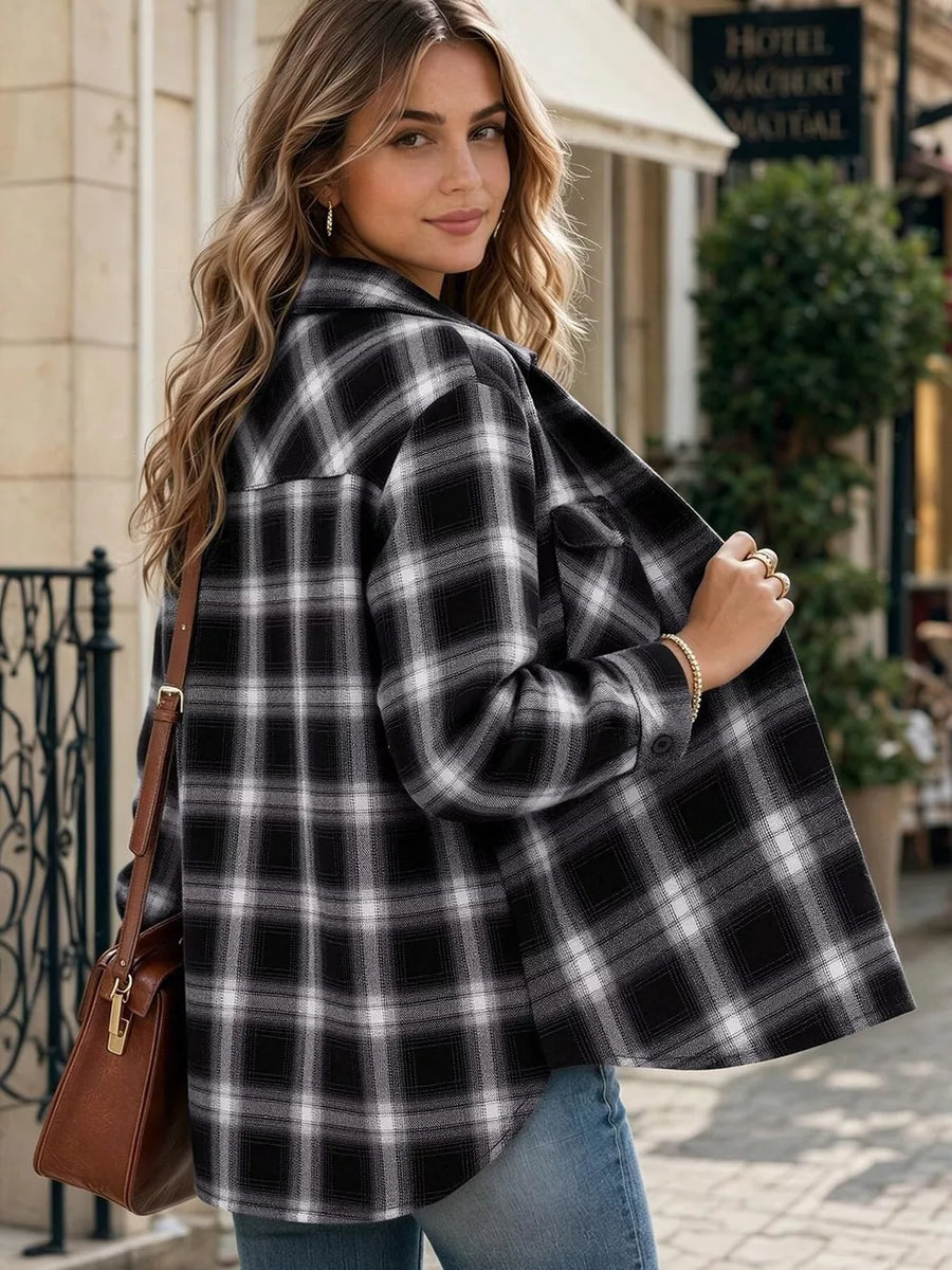 Red button-down shirt with hip-length and button-front