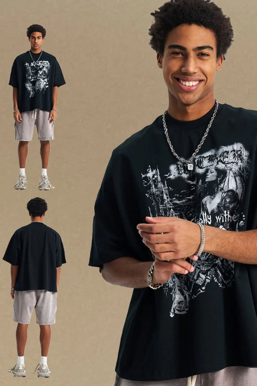 Black oversized graphic tee with gothic print and boxy silhouette.