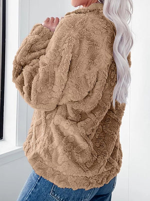 Textured fleece quarter zip sweatshirt in khaki with a cozy, plush feel.