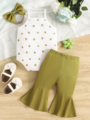 Print baby bodysuit with clover pattern and ribbed bell bottom pants in cactus green.