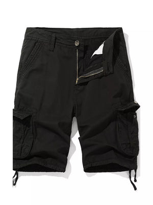 Black cargo shorts for men with multiple pockets and drawstring hem.