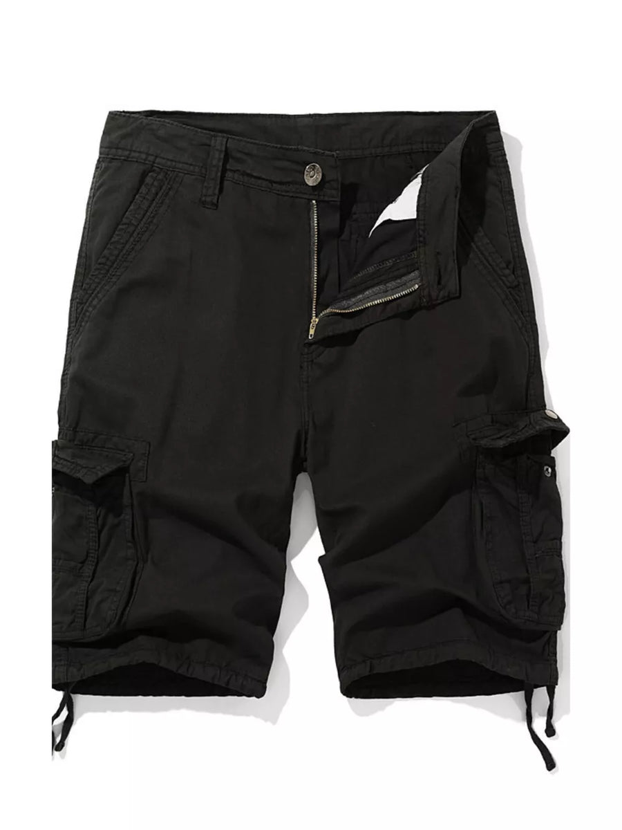 Black cargo shorts for men with multiple pockets and drawstring hem.