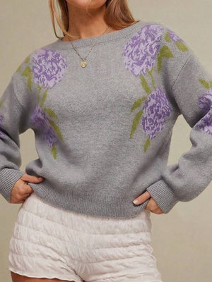 Floral Pattern Dropped Shoulder Sweater in Gray with dropped shoulder