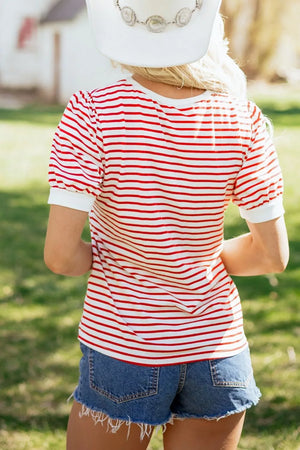 Classic striped maternity t-shirt with puff sleeves and white cuffs.
