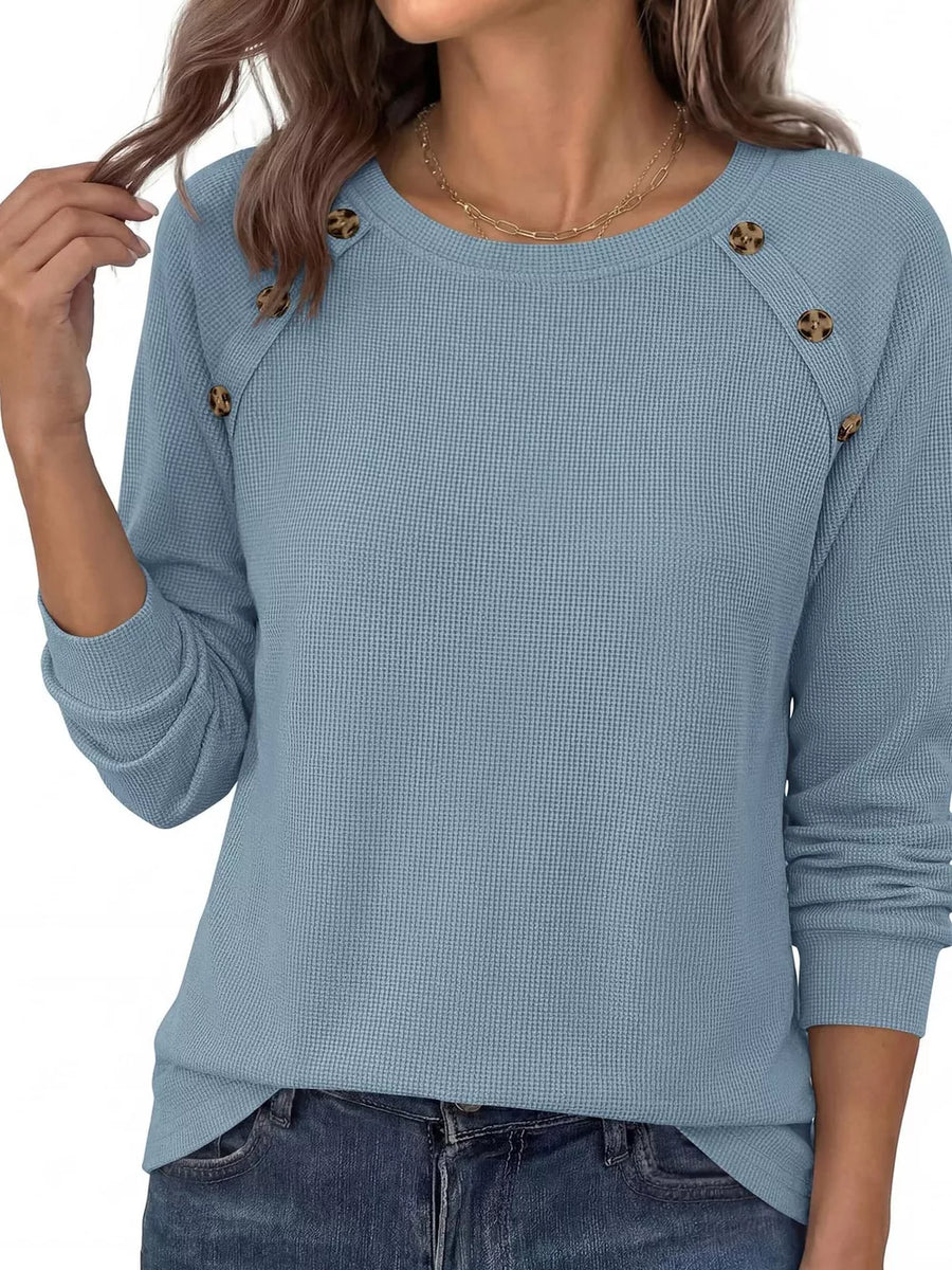 Decorative Button Waffle Knit Long Sleeve T-shirt in Apricot with waffle knit texture