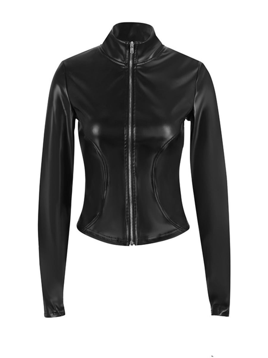 Black faux leather zip-up jacket with a stand-up collar and form-fitting cut.
