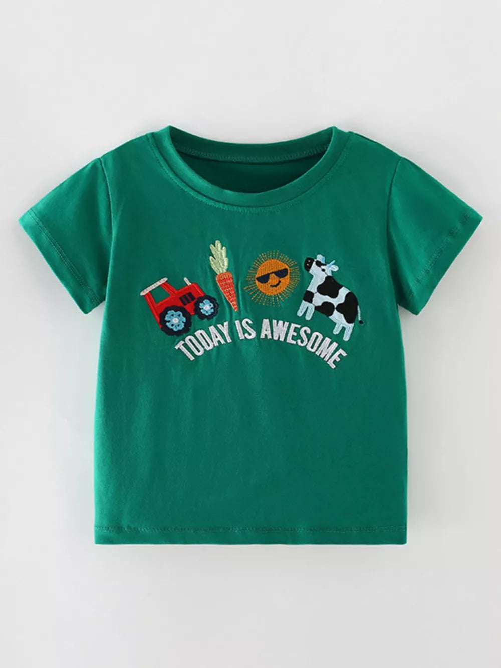 Green cotton blend toddler t-shirt with embroidered farm scene and text.