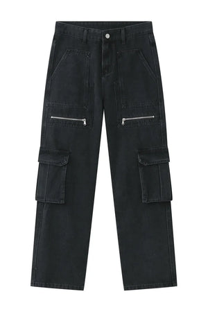 Dark denim wide-leg cargo pants with multiple zip and flap pockets.