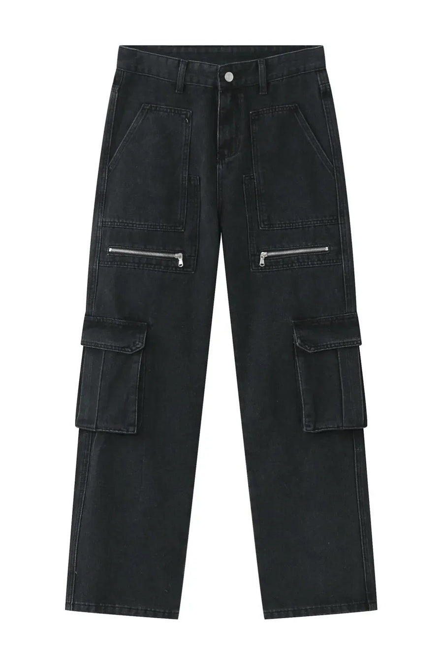 Dark denim wide-leg cargo pants with multiple zip and flap pockets.