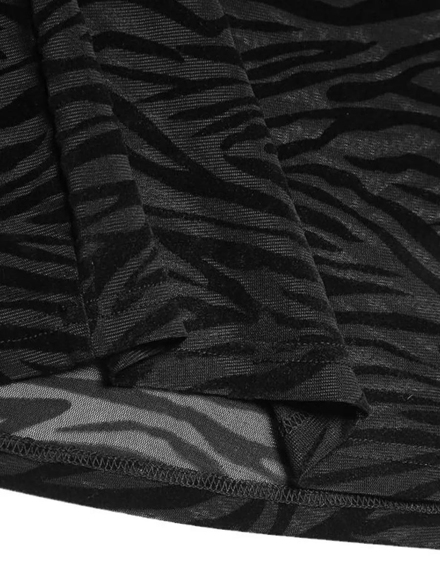 Black sheer zebra-striped mock neck top with long sleeves and a lettuce hem.
