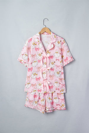 pajama set in Blush Pink with Santa print and ruffled