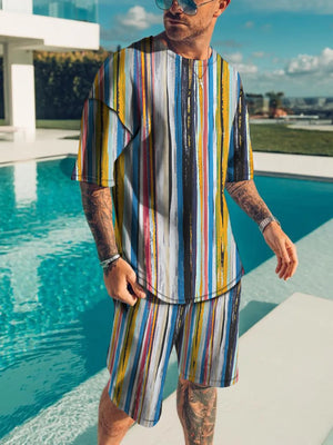 Men's Full Size Striped Short Sleeve Top & Shorts Set in Neon Green