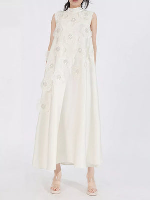 White sleeveless maxi dress with floral applique and sequin details, high neckline