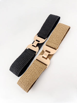 Textured raffia belts in black and khaki with gold-tone buckle detail