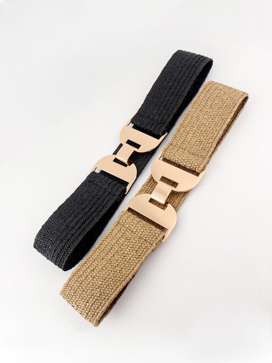 Textured raffia belts in black and khaki with gold-tone buckle detail