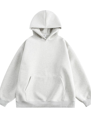 Light grey hooded sweatshirt with a front pocket and long sleeves