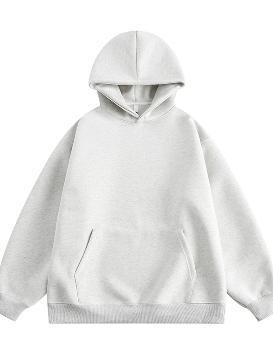 Light grey hooded sweatshirt with a front pocket and long sleeves
