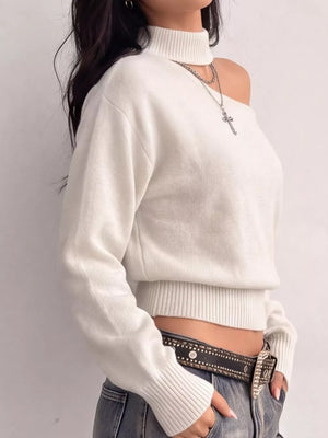 modern pullover sweater in Lavender with mock neck with cutout