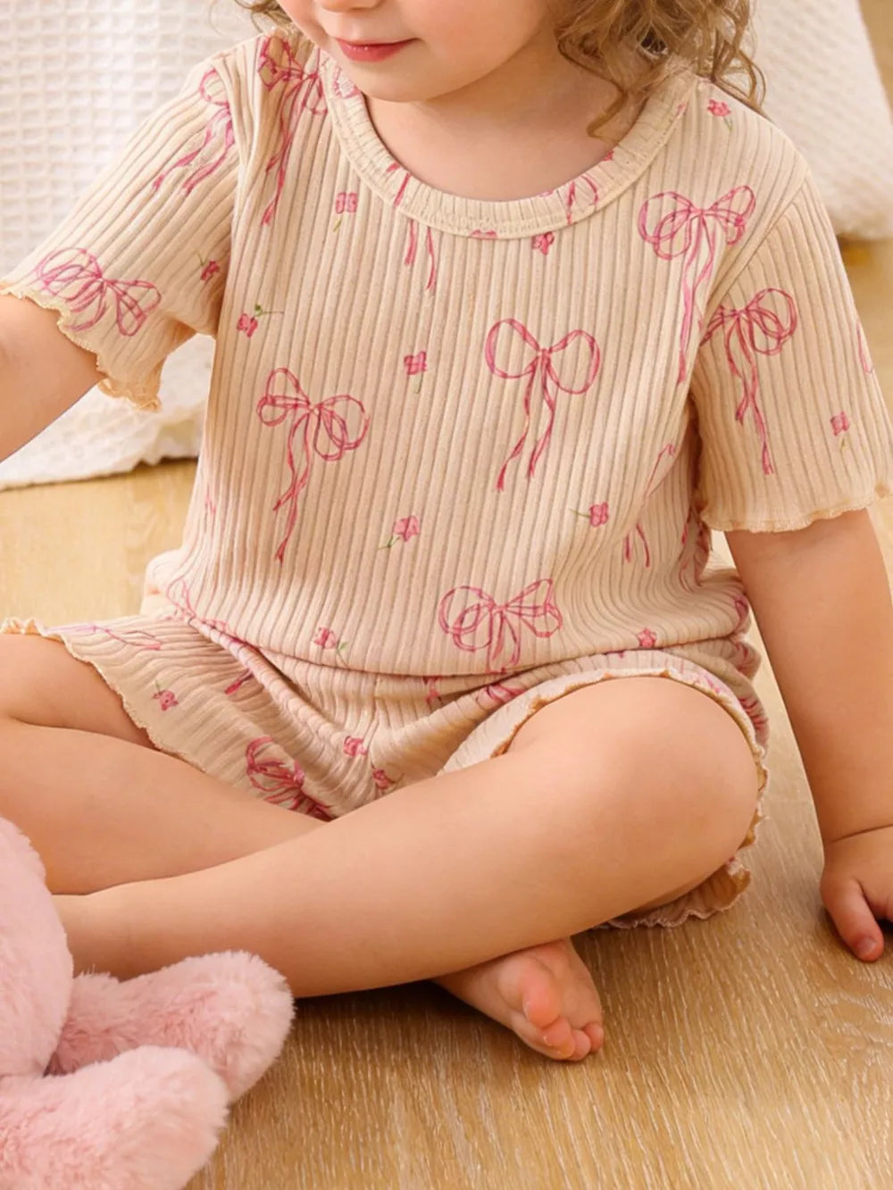 Apricot Children's Ribbed Knit Top And Shorts Set