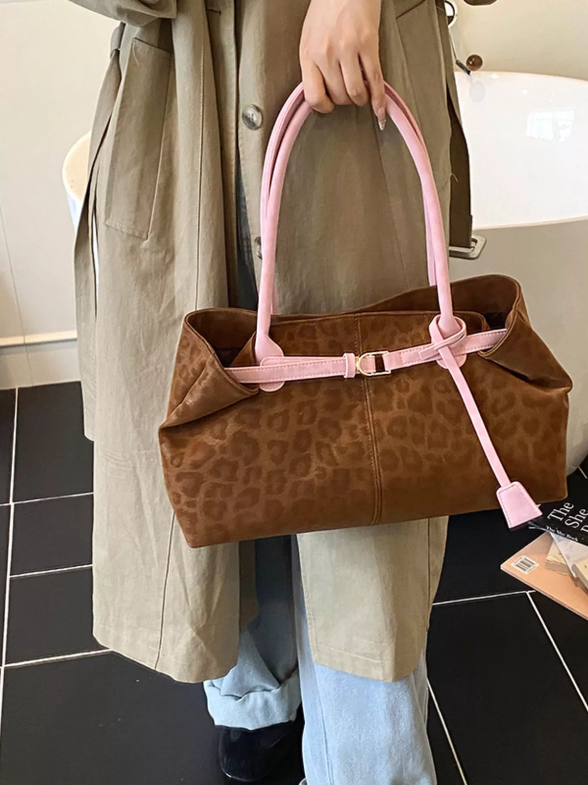 Brown leopard print PU leather shoulder bag with pink straps and buckle detail