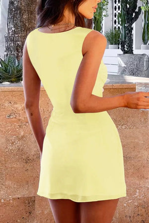 Yellow mini dress with square neckline and ruching detail, sleeveless, bodycon fit
