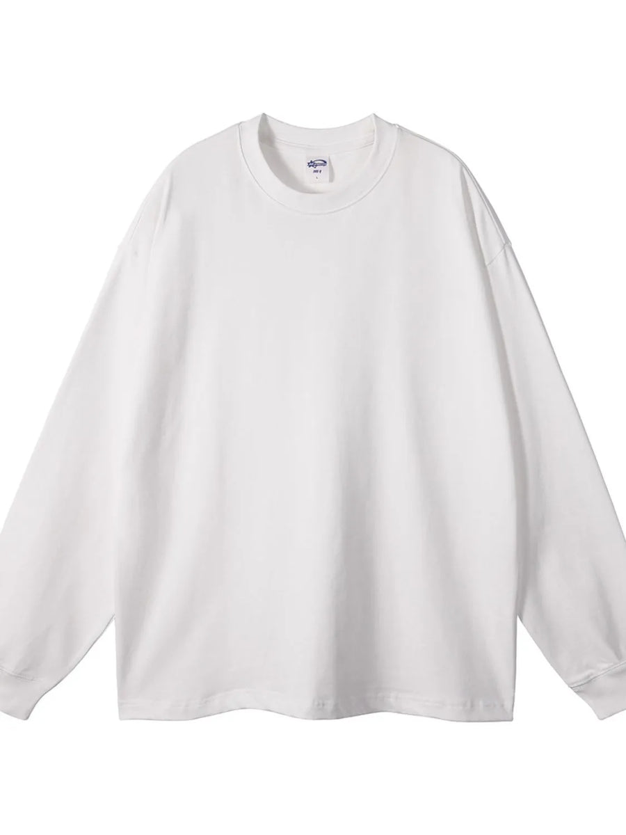 White oversized drop-shoulder crewneck pullover sweatshirt, 100% cotton, basic style.