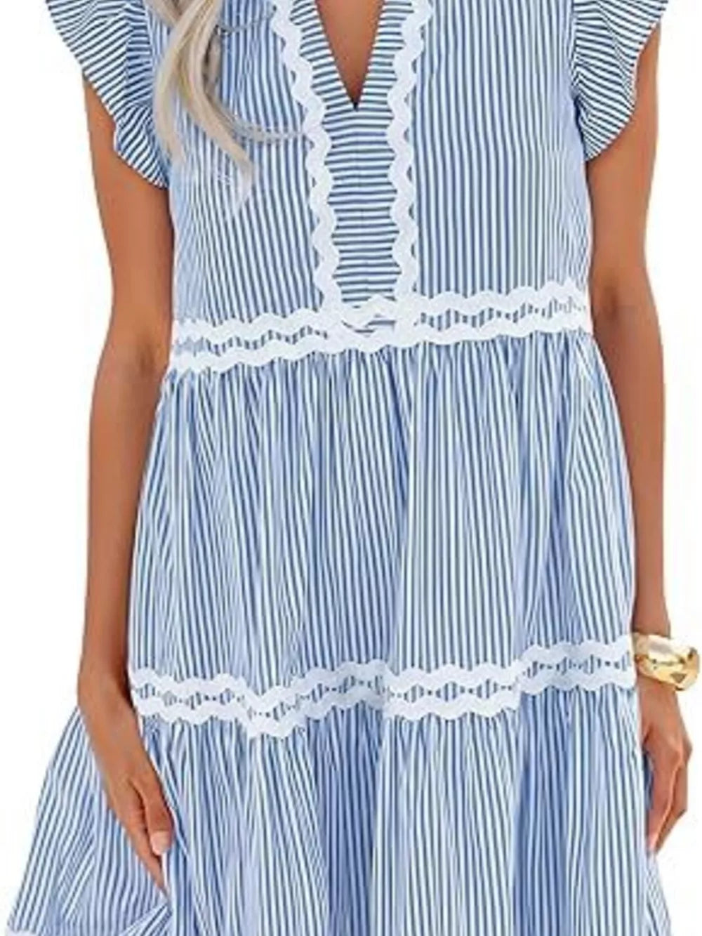 mini dress featuring striped in light blue with 100% polyester Care instructions: Machine wash cold texture