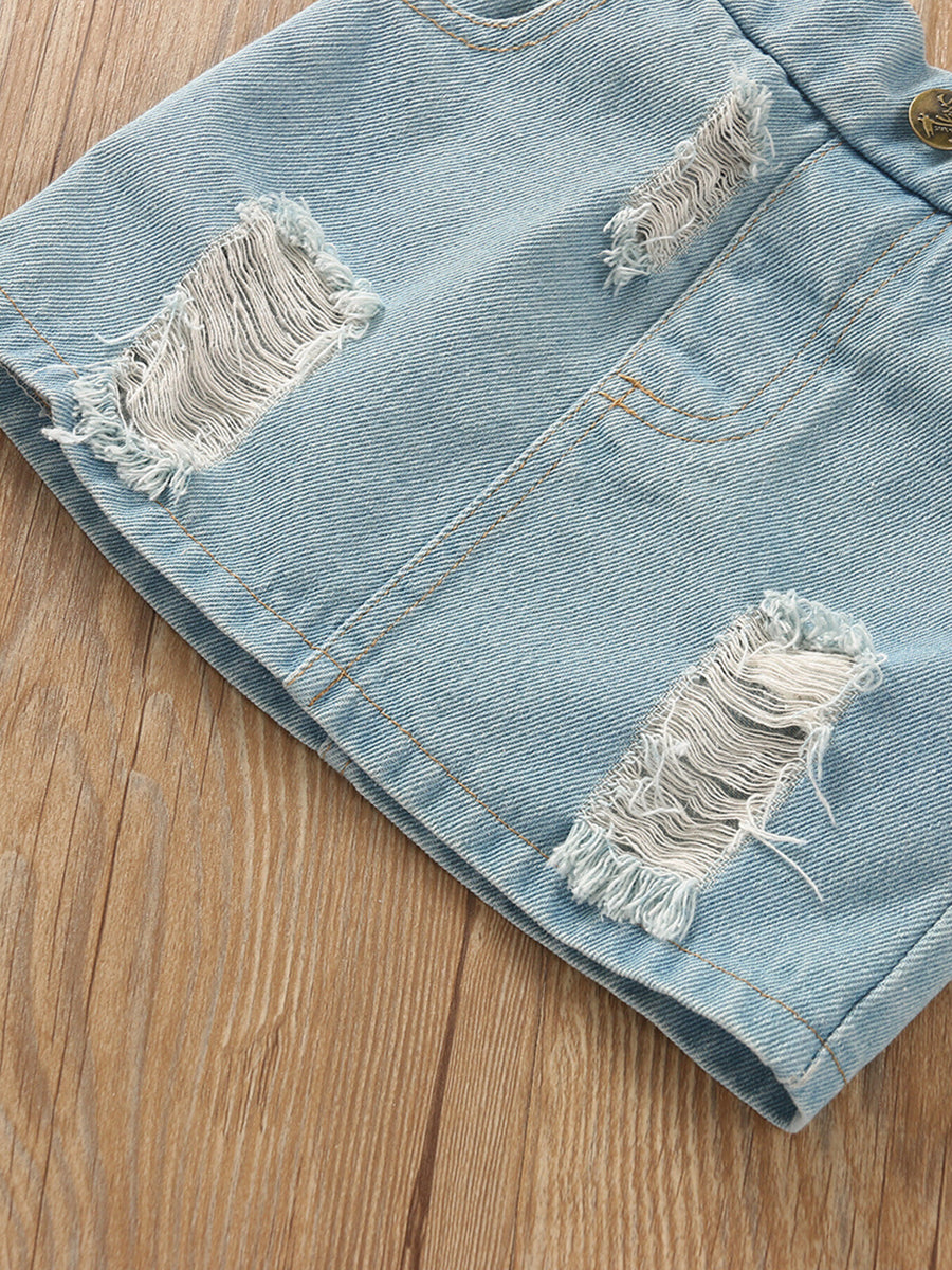 Light wash denim skirt with distressed rips and frayed hem.