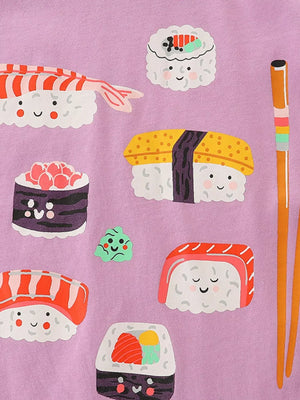 Toddler crew neck t-shirt in lavender with a playful sushi graphic print.