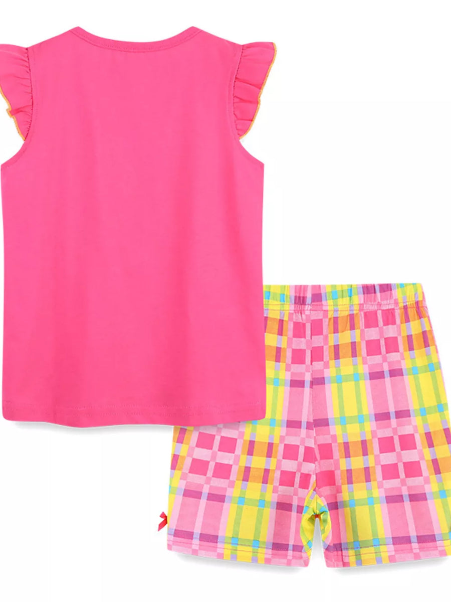 Toddler girls' pink cotton pajama set with ruffled sleeves and plaid shorts.