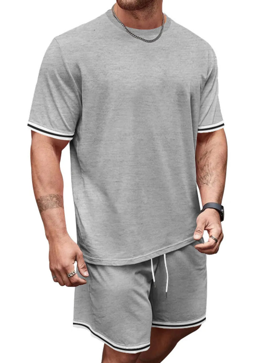 Men's grey t-shirt and shorts set with striped cuffs and hem