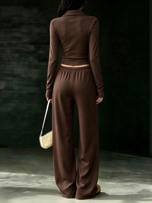 Solid Color Long Sleeve Polo Collar Top & Wide Leg Pants Set in Dark Blue