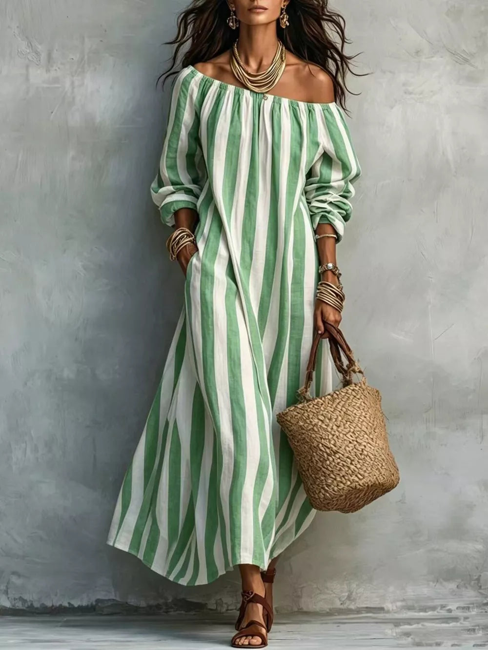 Off-shoulder Striped Maxi Dress With Pockets in Navy Blue with pocketed