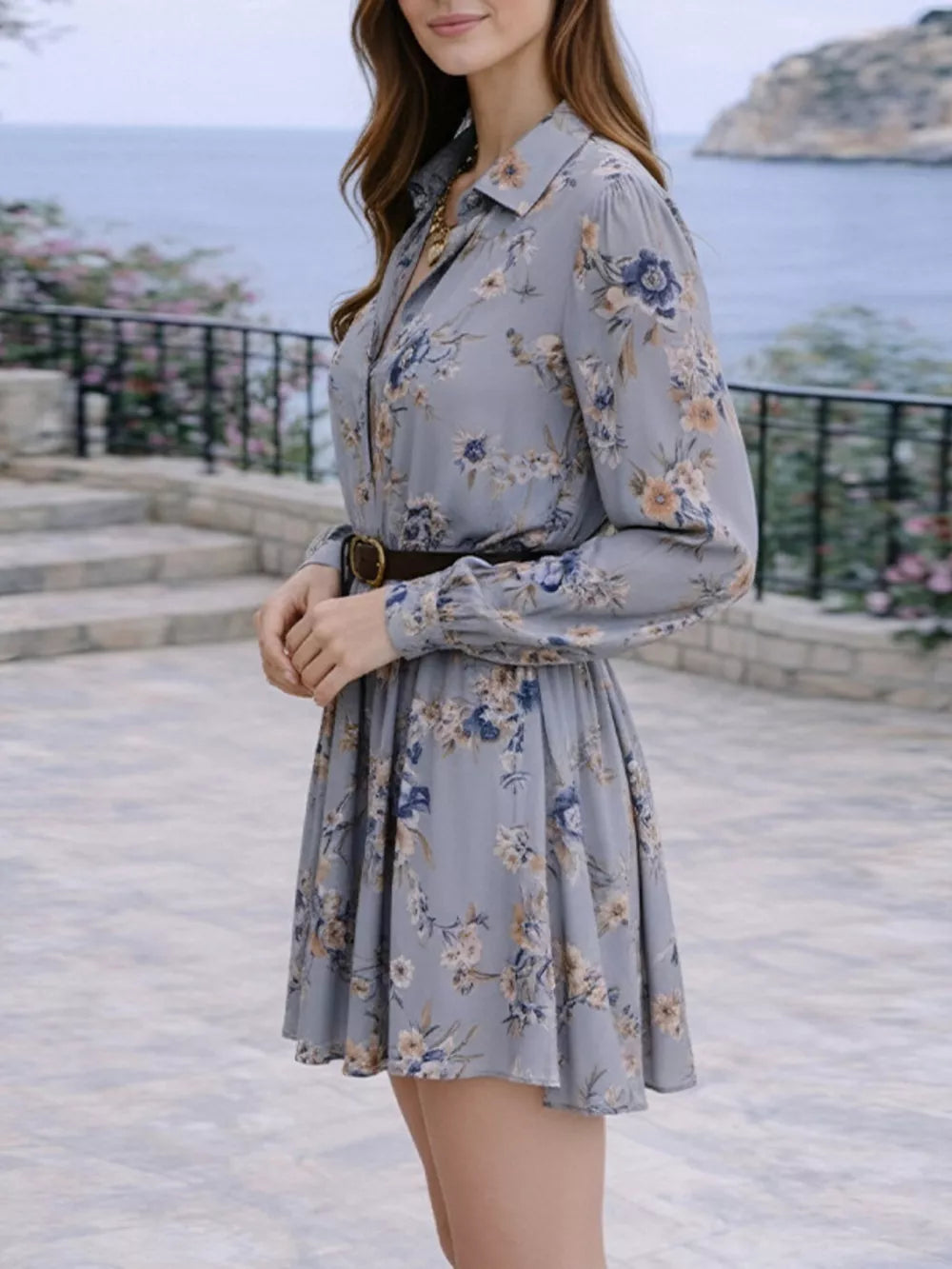 shirt dress in Sky Blue with floral and buttoned