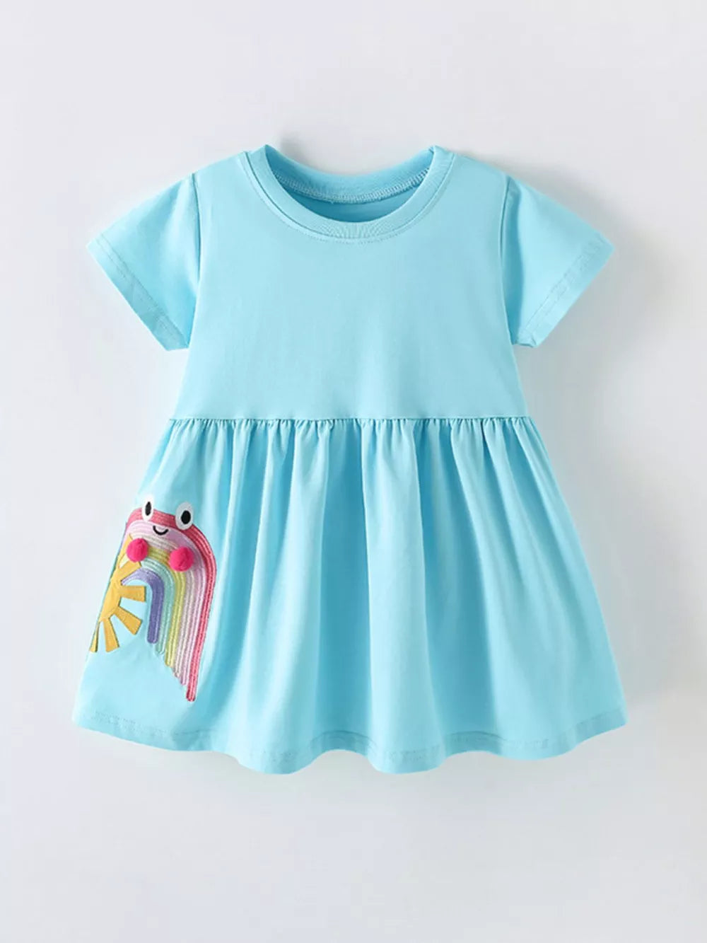 Light blue cotton babydoll dress with crew neck and rainbow frog embroidery